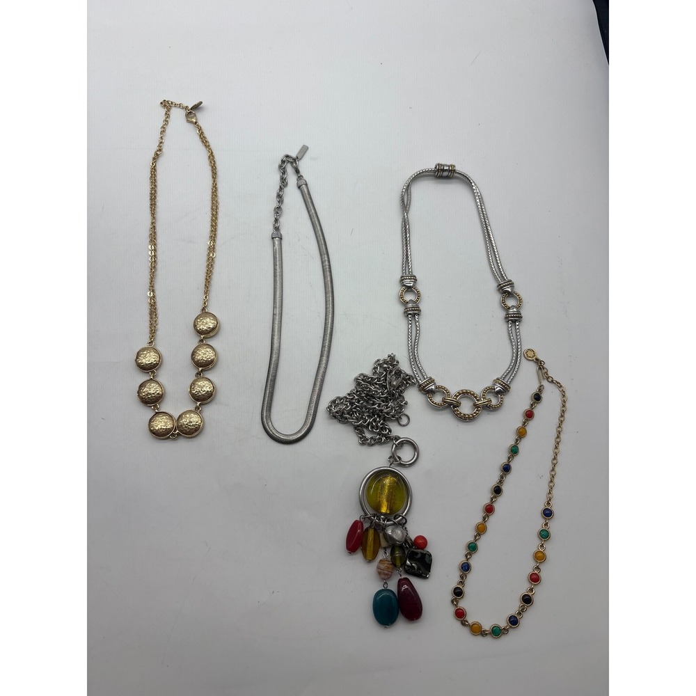 Lot of 5 Gold and Silver Tone Necklaces Statement Boho Mixed Metal Multi-Color
